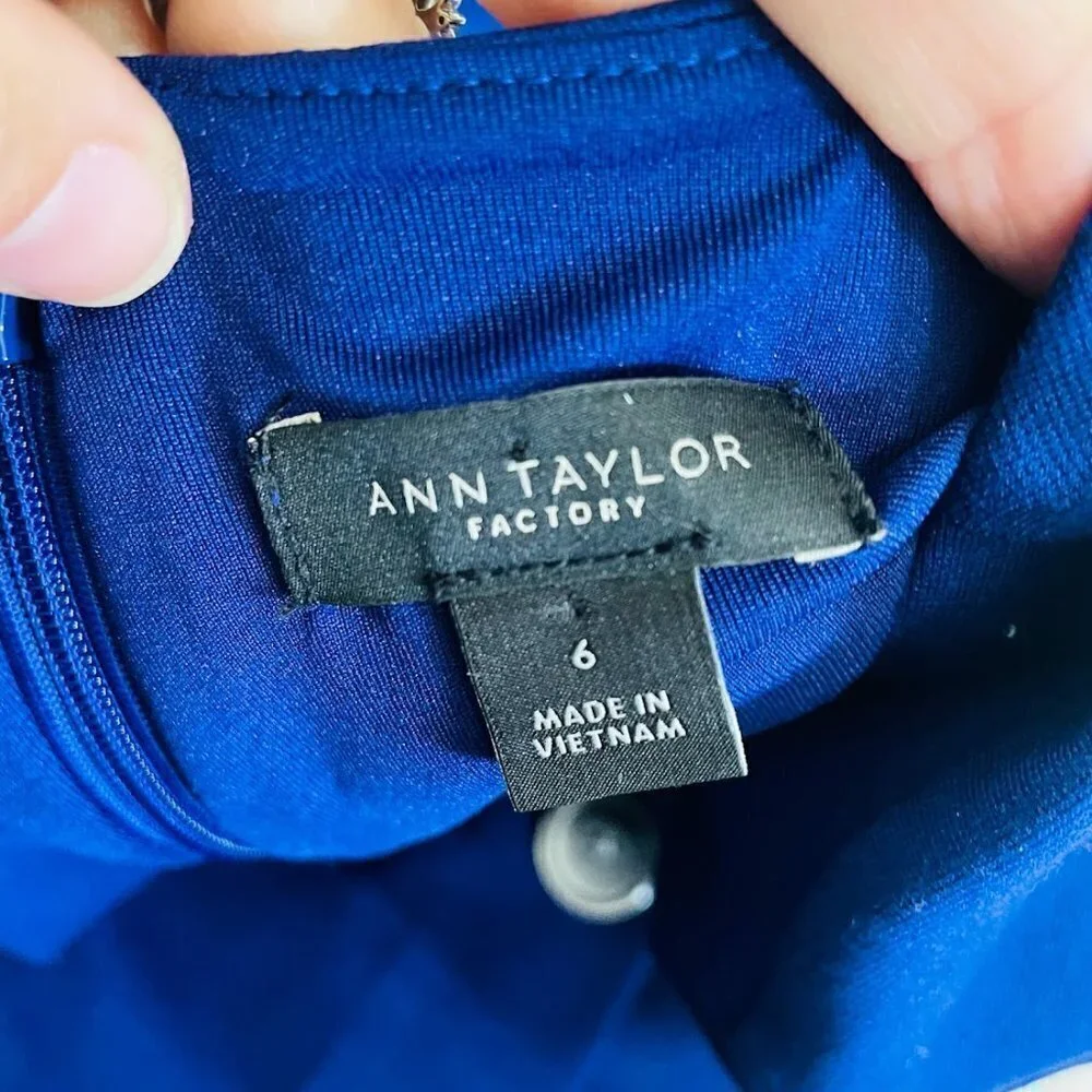 Ann Taylor Dress Midnight Regatta Blue Faux Wrap Button Asymmetrical Wedding 6